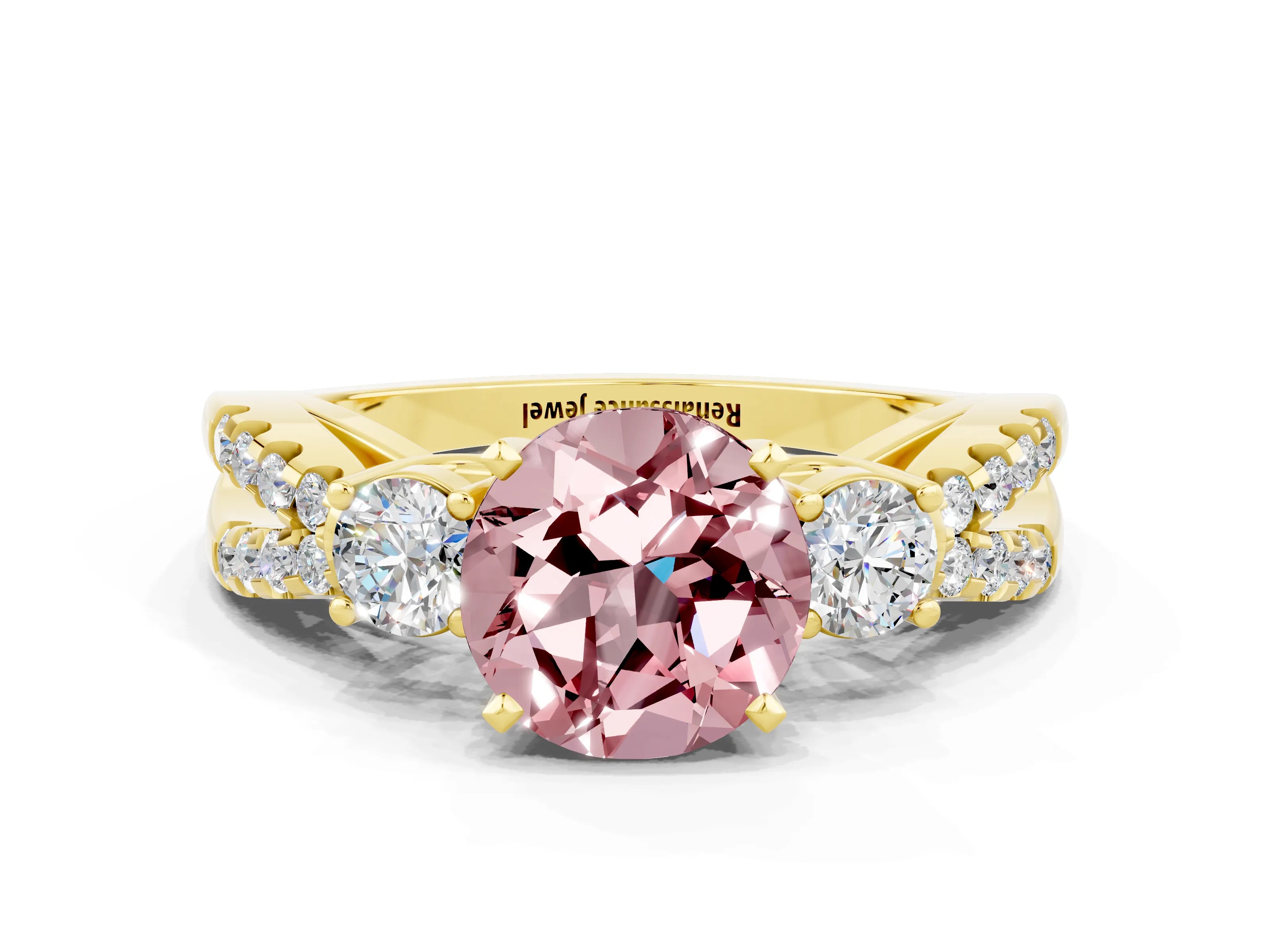 Yellow gold Round Cut Morganite Three-Stone Ring with Pavé Split Shank and Four-Prong Setting
