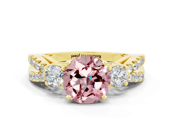 Yellow gold Round Cut Morganite Three-Stone Ring with Pavé Split Shank and Four-Prong Setting