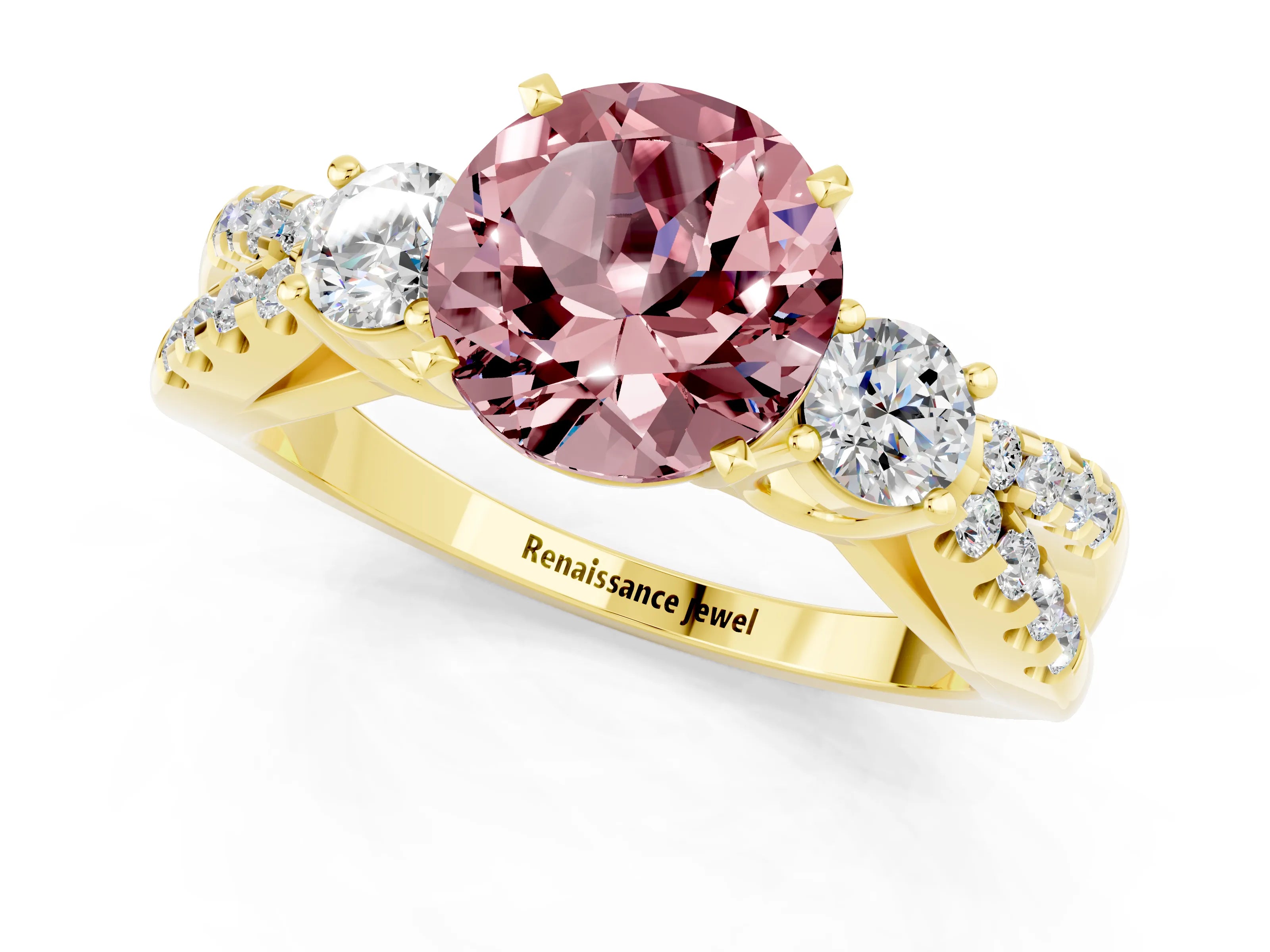 Yellow gold Round Cut Morganite Three-Stone Ring with Pavé Split Shank and Four-Prong Setting_1