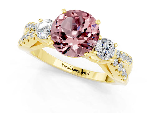 Yellow gold Round Cut Morganite Three-Stone Ring with Pavé Split Shank and Four-Prong Setting_1
