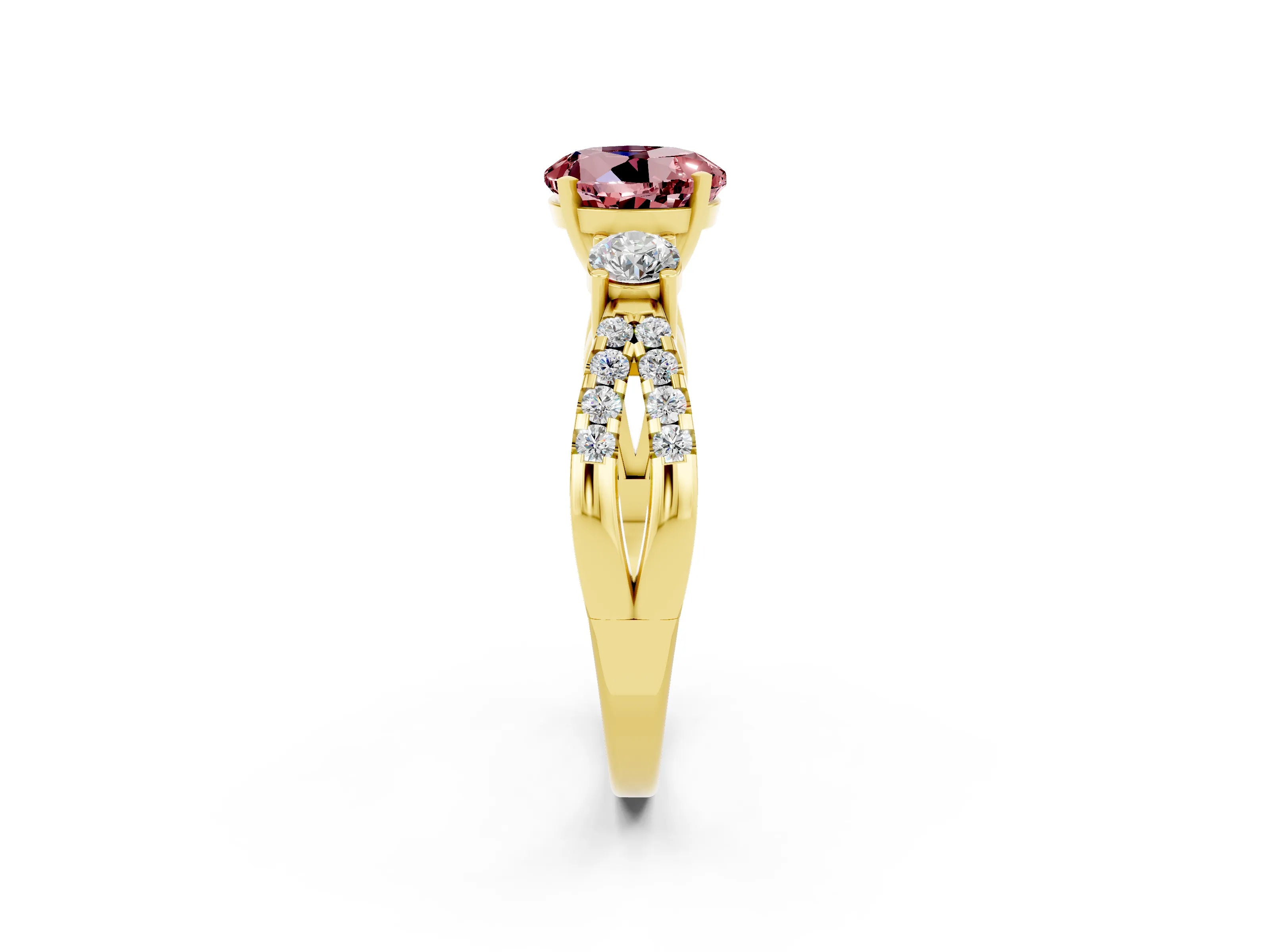 Yellow gold Round Cut Morganite Three-Stone Ring with Pavé Split Shank and Four-Prong Setting_2
