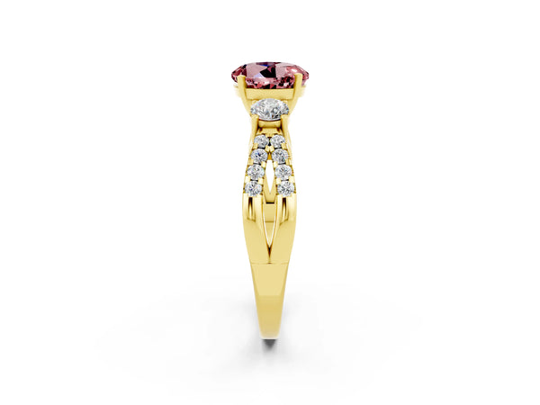 Yellow gold Round Cut Morganite Three-Stone Ring with Pavé Split Shank and Four-Prong Setting