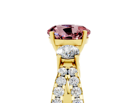 Yellow gold Round Cut Morganite Three-Stone Ring with Pavé Split Shank and Four-Prong Setting_5