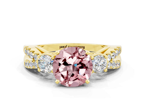 Yellow gold Round Cut Morganite Three-Stone Ring with Pavé Split Shank and Four-Prong Setting
