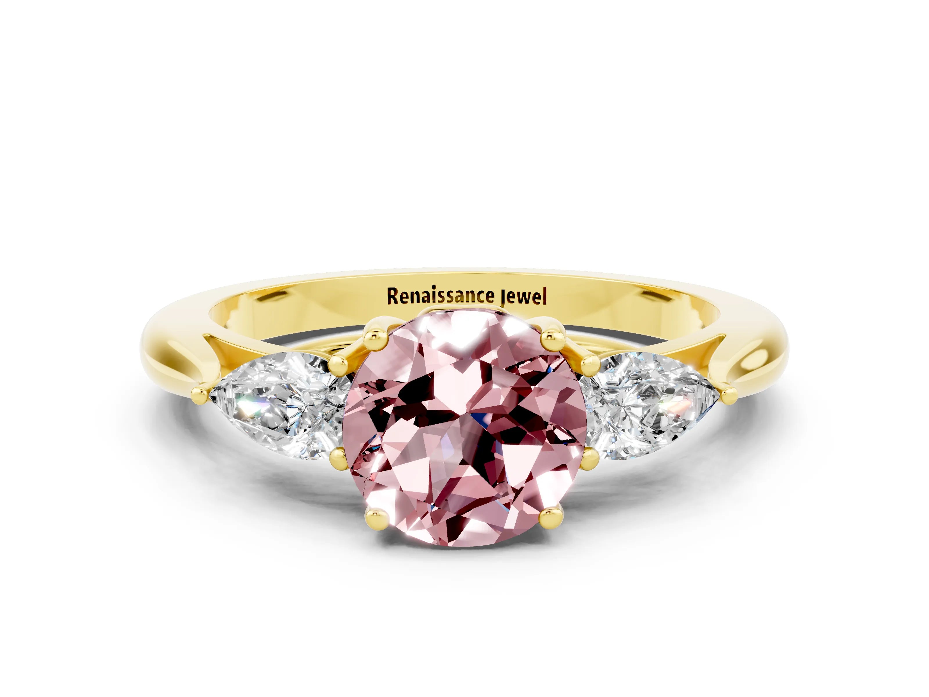 Yellow gold Round Cut Morganite Three-Stone Ring with Pear Side Stones and Four-Prong Setting_12