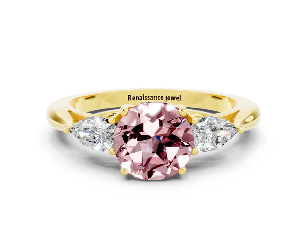 Yellow gold Round Cut Morganite Three-Stone Ring with Pear  Side Stones and Prong Setting
