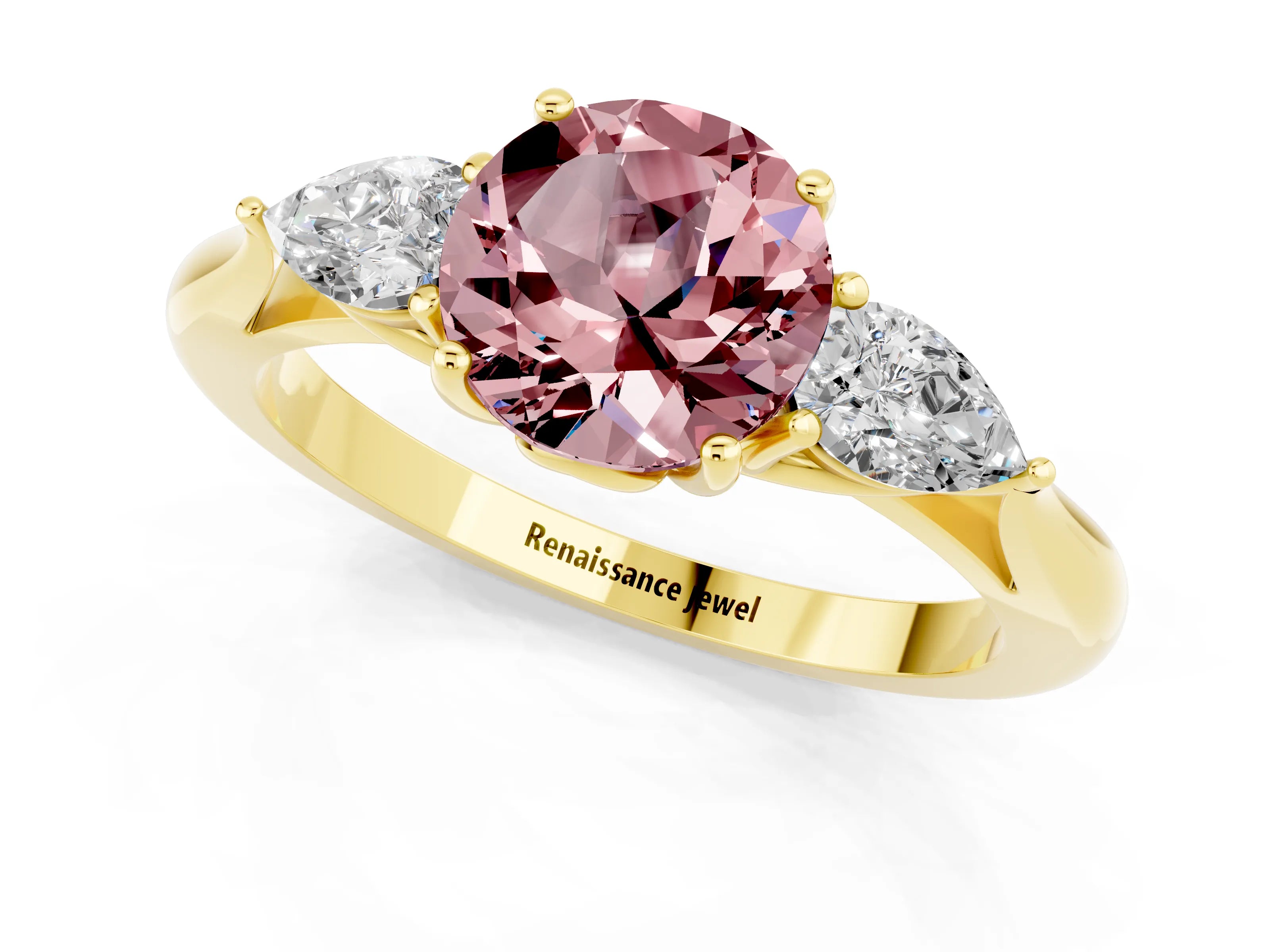 Yellow gold Round Cut Morganite Three-Stone Ring with Pear Side Stones and Four-Prong Setting_13