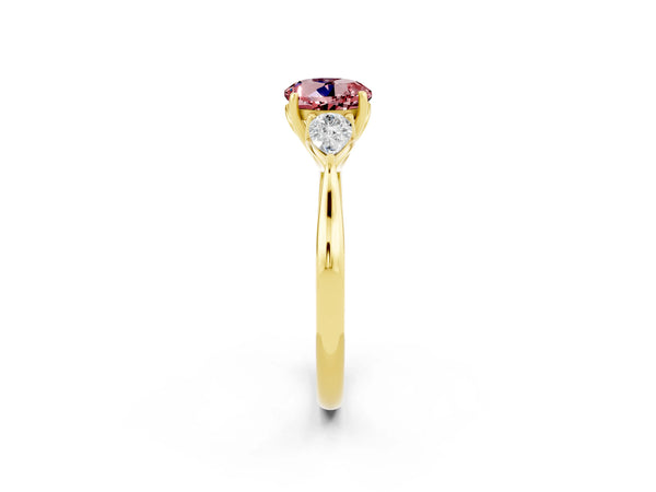 Yellow gold Round Cut Morganite Three-Stone Ring with Pear  Side Stones and Prong Setting