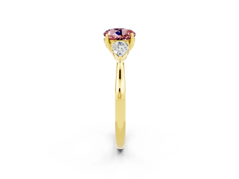 Yellow gold Round Cut Morganite Three-Stone Ring with Pear Side Stones and Four-Prong Setting_14