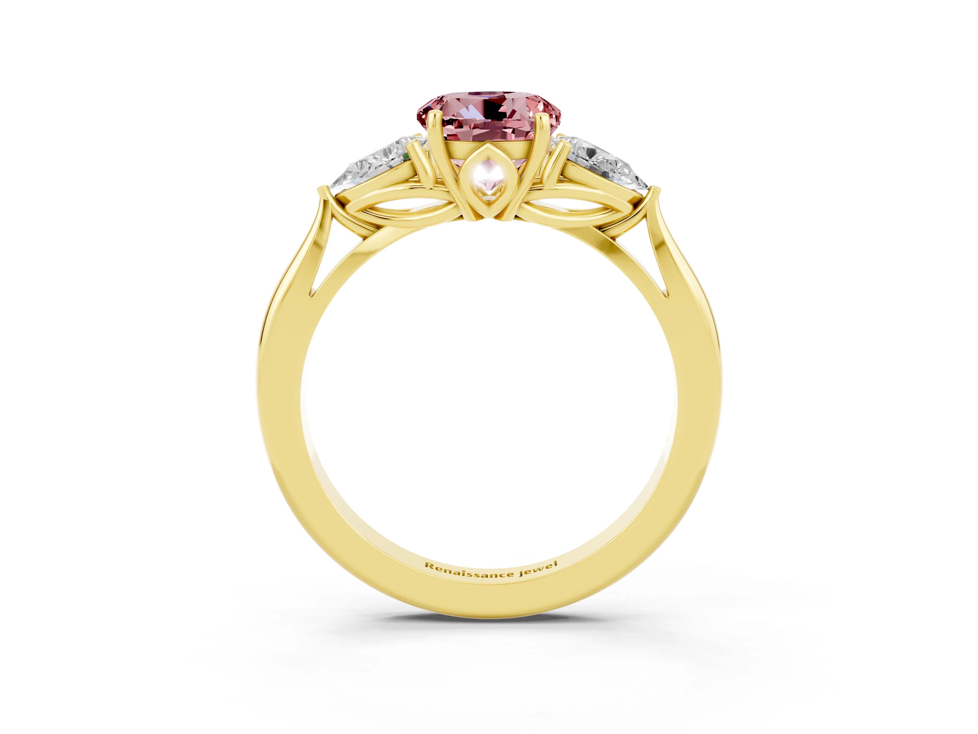 Yellow gold Round Cut Morganite Three-Stone Ring with Pear Side Stones and Four-Prong Setting_15
