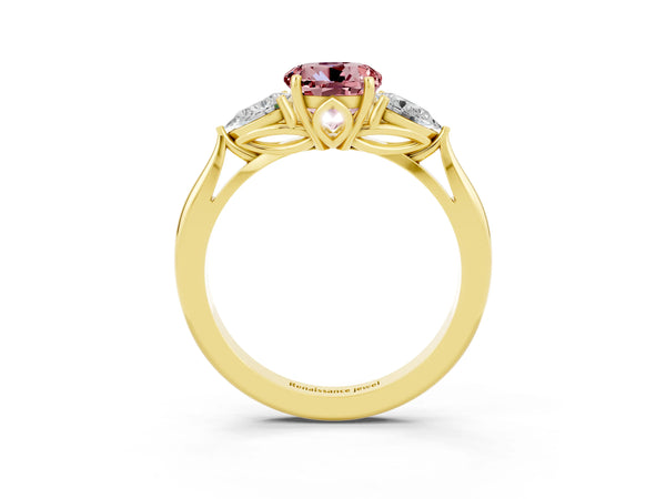 Yellow gold Round Cut Morganite Three-Stone Ring with Pear  Side Stones and Prong Setting