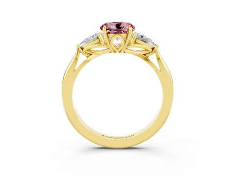 Yellow gold Round Cut Morganite Three-Stone Ring with Pear Side Stones and Four-Prong Setting_15