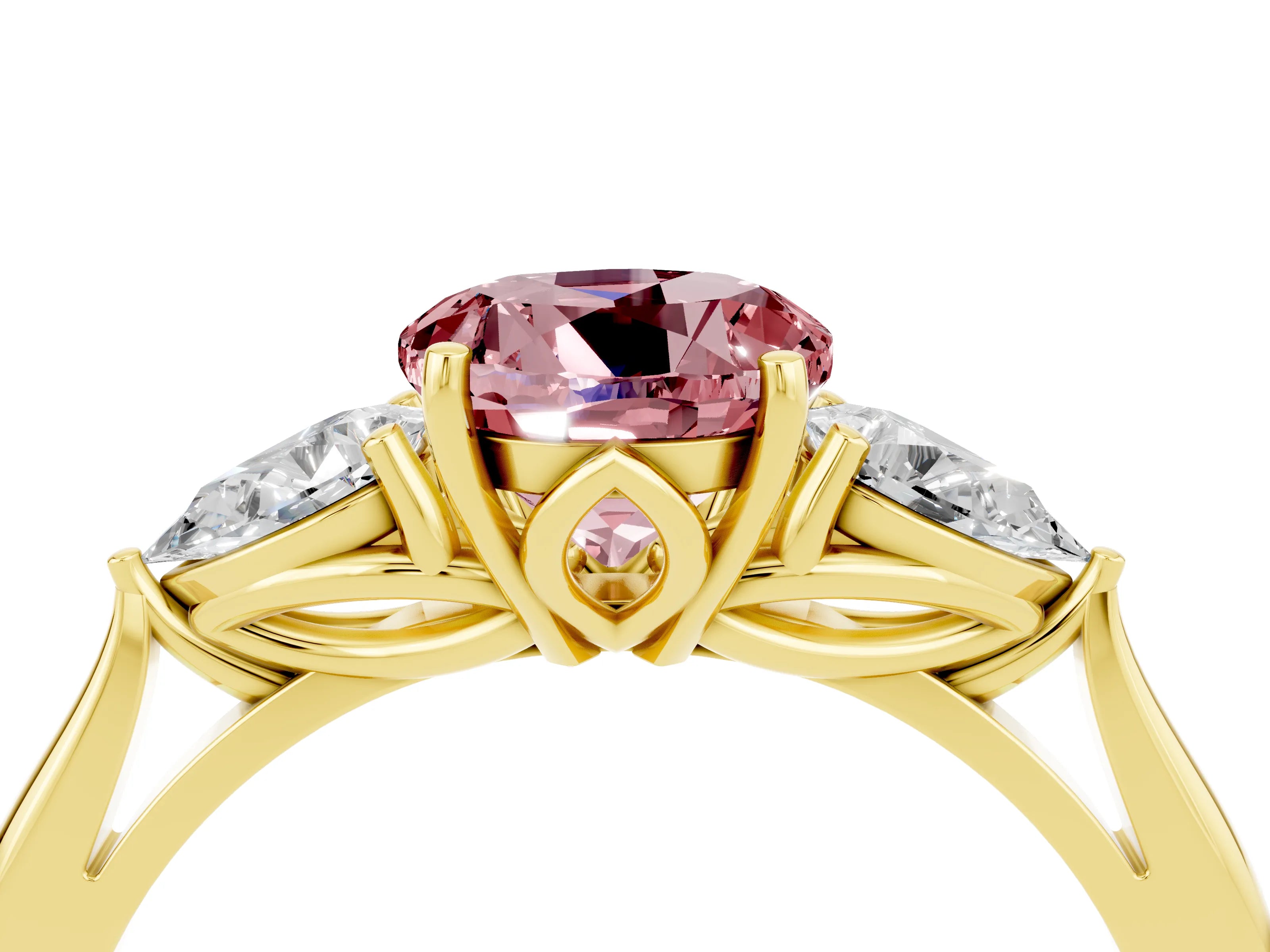 Yellow gold Round Cut Morganite Three-Stone Ring with Pear Side Stones and Four-Prong Setting_16