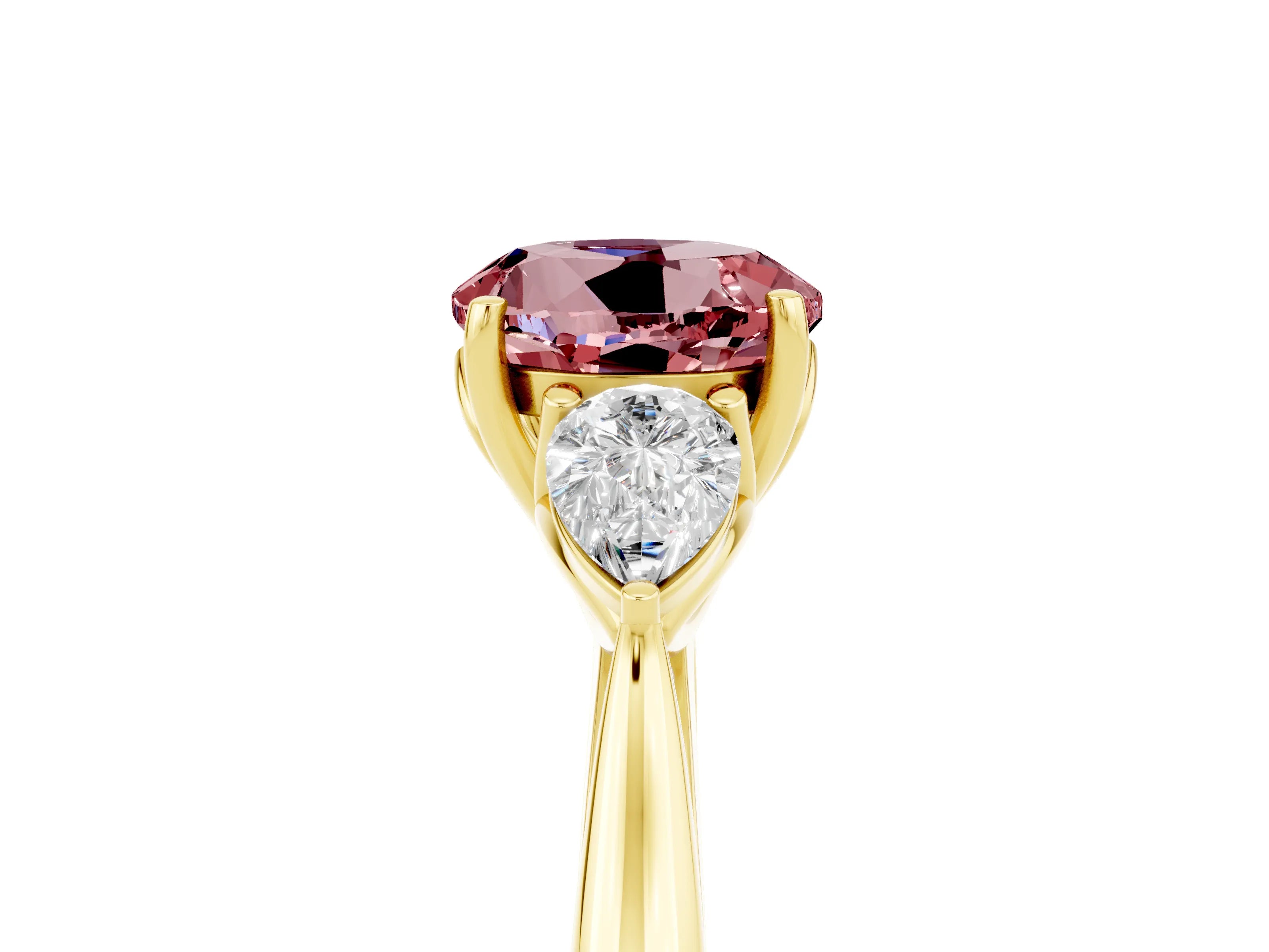 Yellow gold Round Cut Morganite Three-Stone Ring with Pear Side Stones and Four-Prong Setting_17