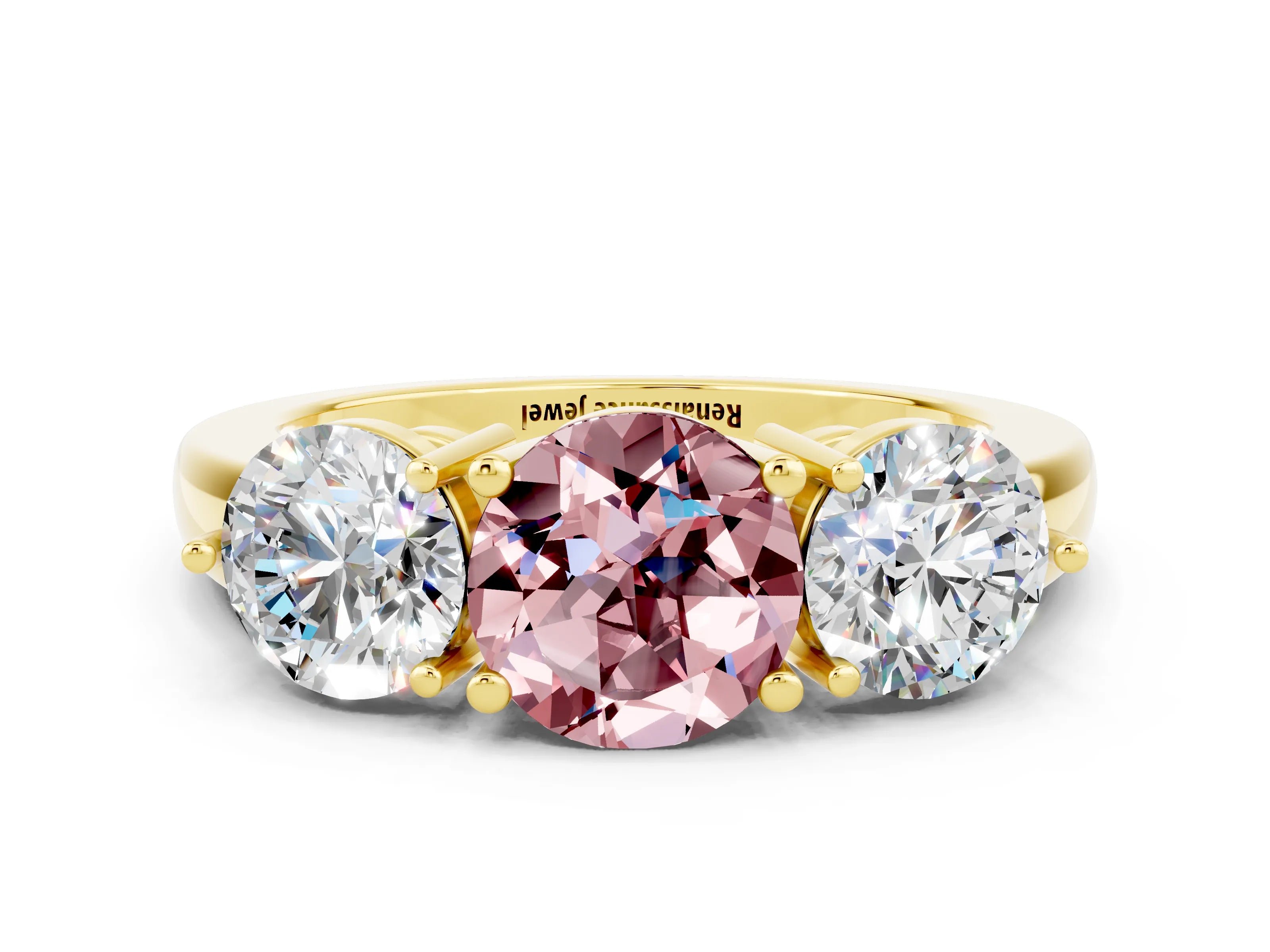 Yellow gold Round Cut Morganite Three-Stone Ring with Prong Setting and Classic Band