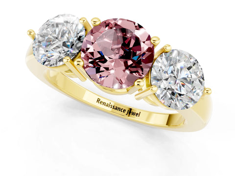 Yellow gold Round Cut Morganite Three-Stone Ring with Prong Setting and Classic Band_1