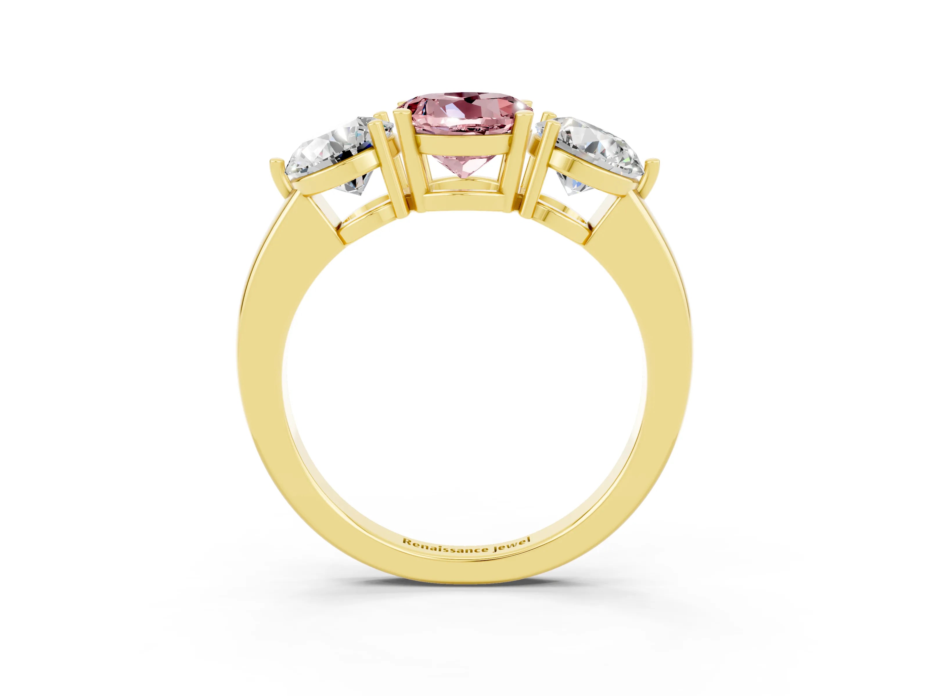 Yellow gold Round Cut Morganite Three-Stone Ring with Prong Setting and Classic Band_3