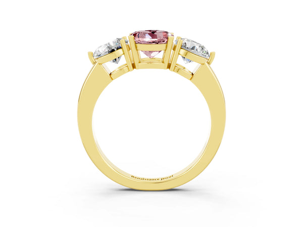 Yellow gold Round Cut Morganite Three-Stone Ring with Prong Setting and Classic Band