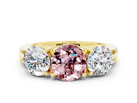 Yellow gold Round Cut Morganite Three-Stone Ring with Prong Setting and Classic Band