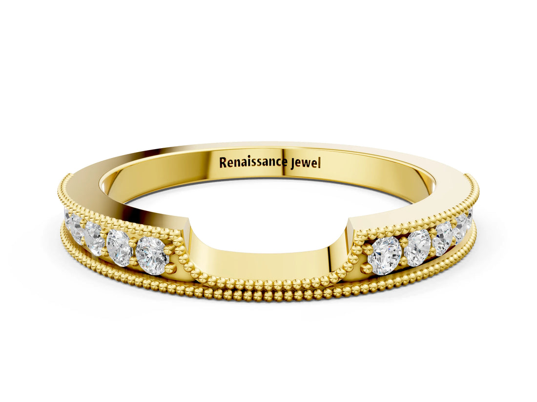 Yellow gold Round Cut Pavé Diamond Contour Band with Milgrain Detailing_4