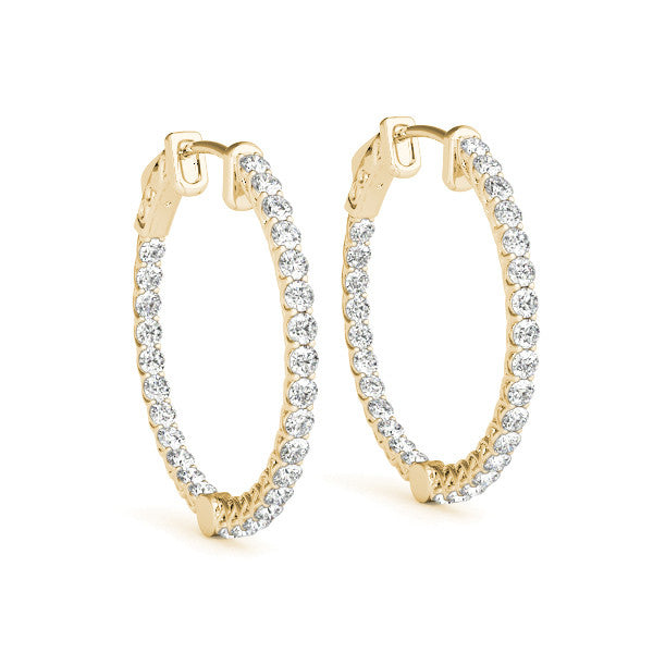 Yellow gold Round Cut Pavé Diamond Hoop Earrings with Four-Prong Setting