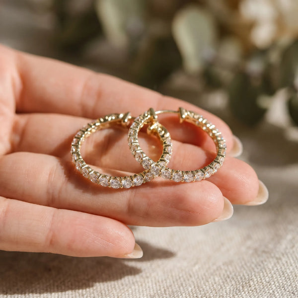 Yellow gold Round Cut Pavé Diamond Hoop Earrings with Four-Prong Setting