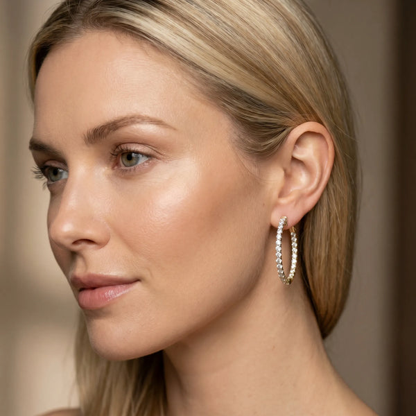 Yellow gold Round Cut Pavé Diamond Hoop Earrings with Four-Prong Setting