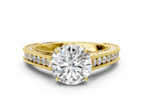 Yellow gold Round Cut Pave Band Milgrain Solitaire Ring_6