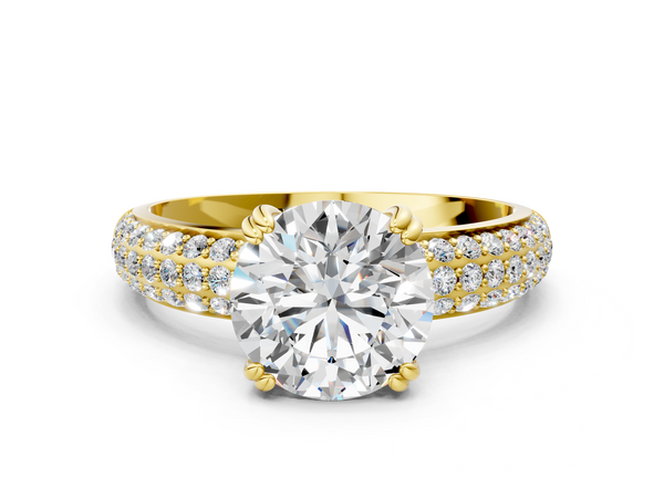 Yellow gold Round Cut Pave Diamond Engagement Ring with Channel Set Band and Four-Prong Setting