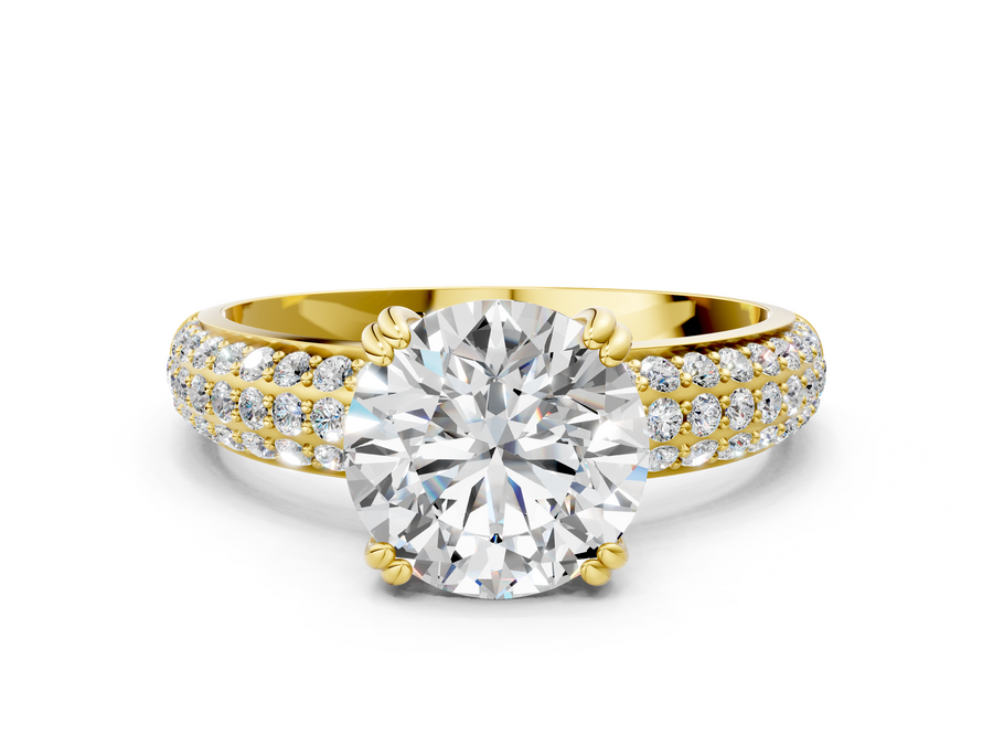 Yellow gold Round Cut Pave Diamond Engagement Ring with Channel Set Band and Four-Prong Setting