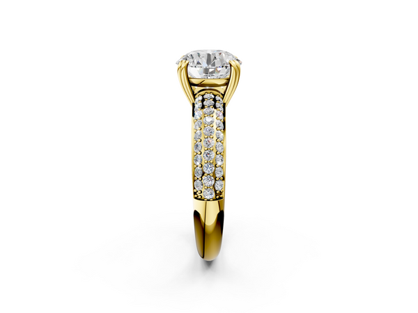 Yellow gold Round Cut Pave Diamond Engagement Ring with Channel Set Band and Four-Prong Setting