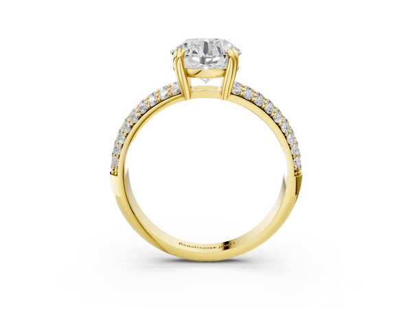 Yellow gold Round Cut Pave Diamond Engagement Ring with Channel Set Band and Four-Prong Setting