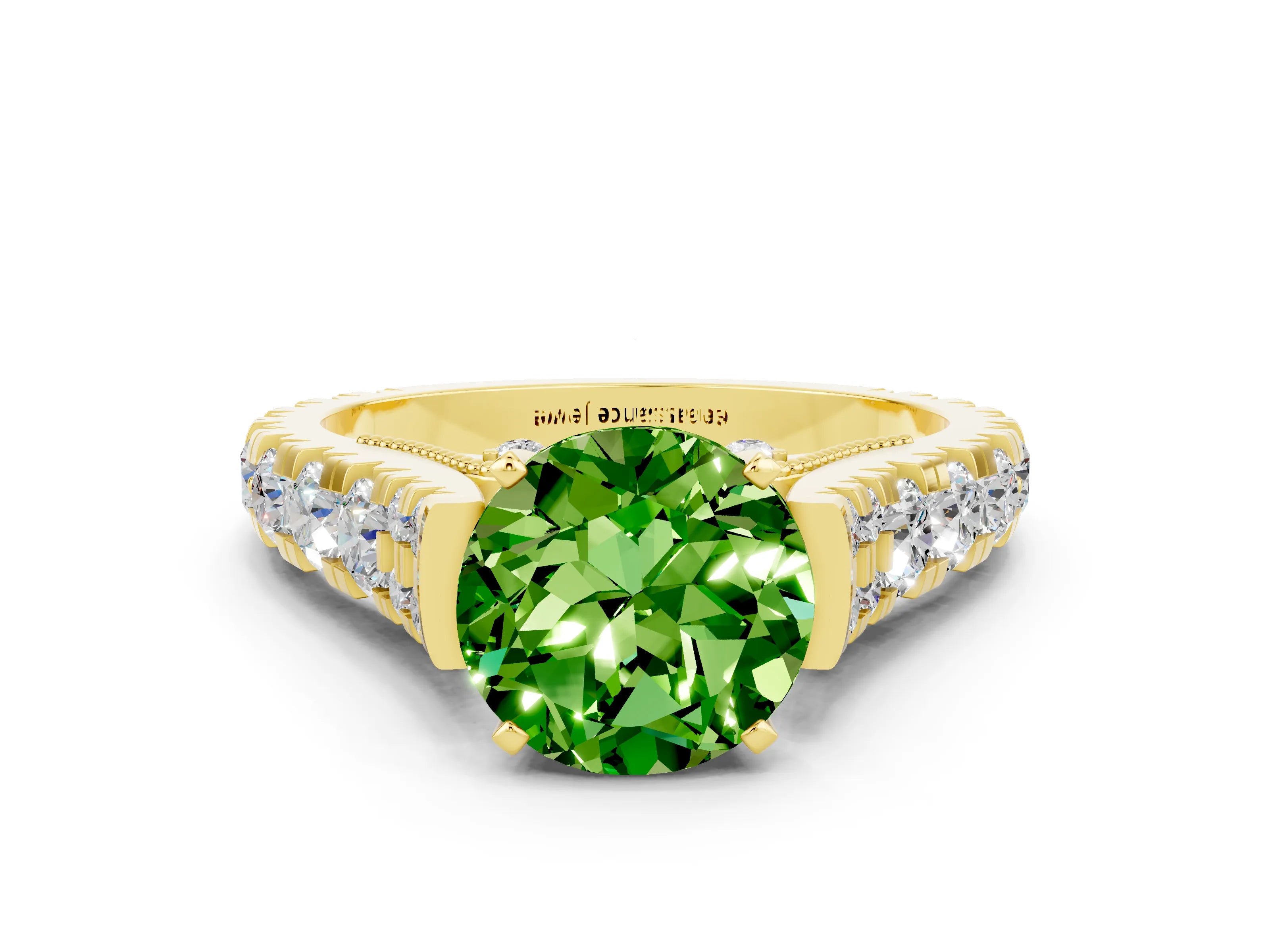 Yellow gold Round Cut Peridot Classic Solitaire Ring with Pavé Band and Four-Prong Setting