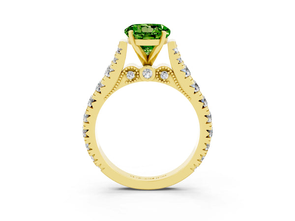 Yellow gold Round Cut Peridot Classic Solitaire Ring with Pavé Band and Four-Prong Setting