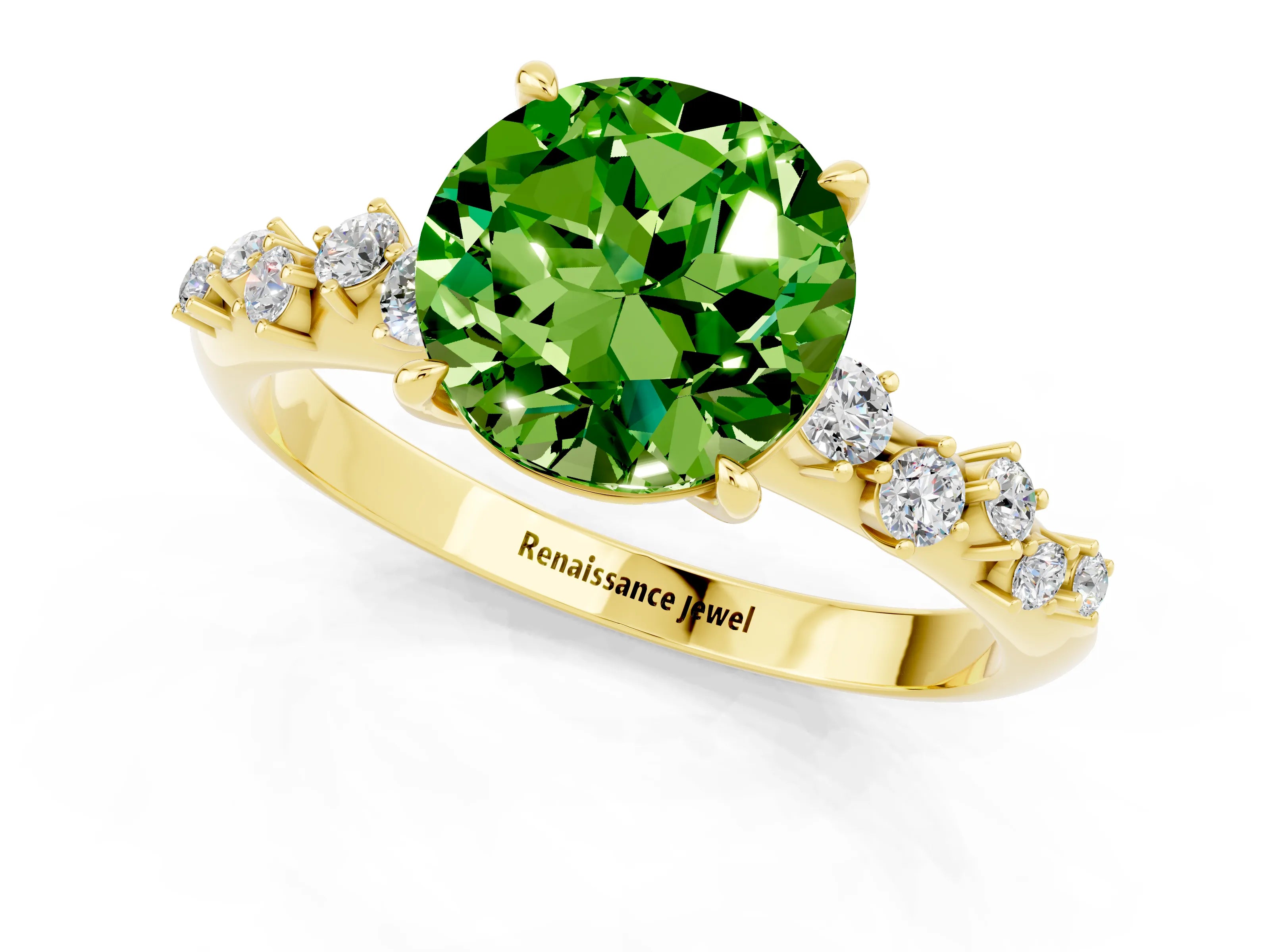 Yellow gold Round Cut Peridot Cluster Side Stone Solitaire Ring with Prong Setting_25
