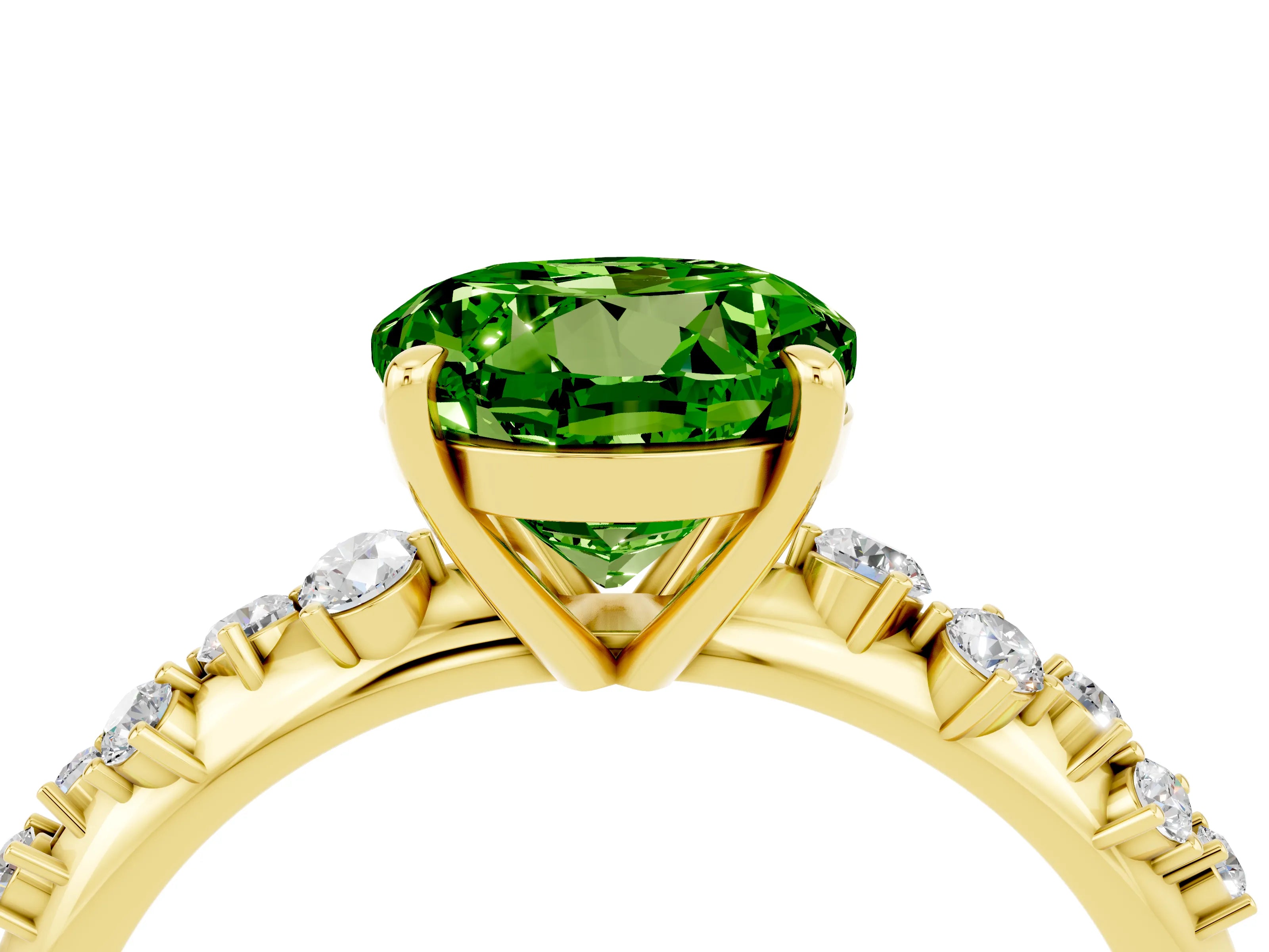 Yellow gold Round Cut Peridot Cluster Side Stone Solitaire Ring with Prong Setting_28