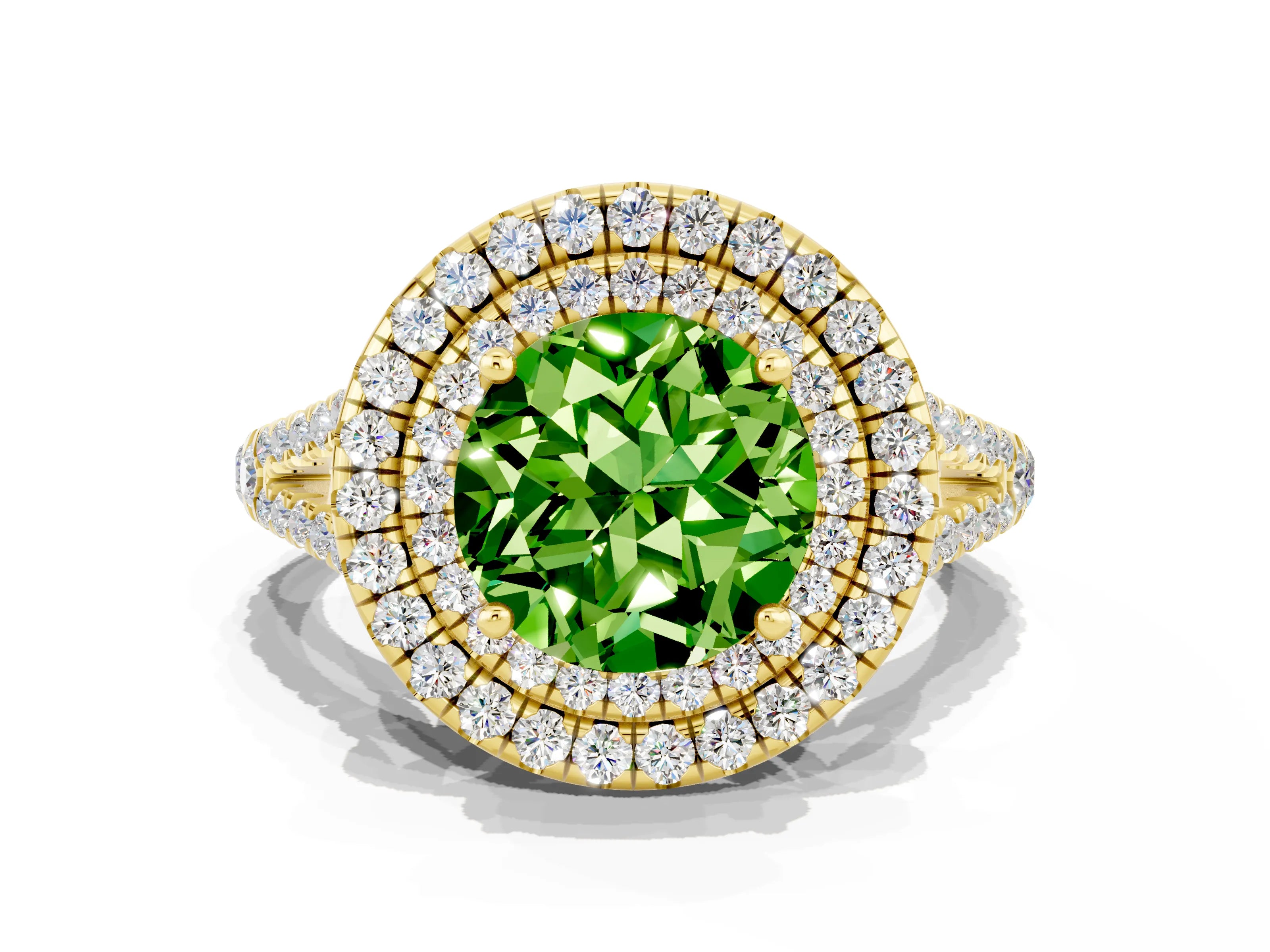Yellow gold Round Cut Peridot Double Halo Ring with Pavé Band and Prong Setting_12