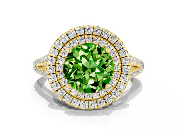 Yellow gold Round Cut Peridot Double Halo Ring with Pavé Band and Prong Setting
