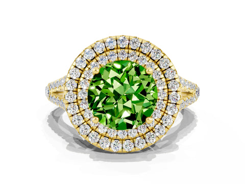 Yellow gold Round Cut Peridot Double Halo Ring with Pavé Band and Prong Setting_12