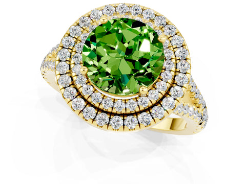 Yellow gold Round Cut Peridot Double Halo Ring with Pavé Band and Prong Setting_13
