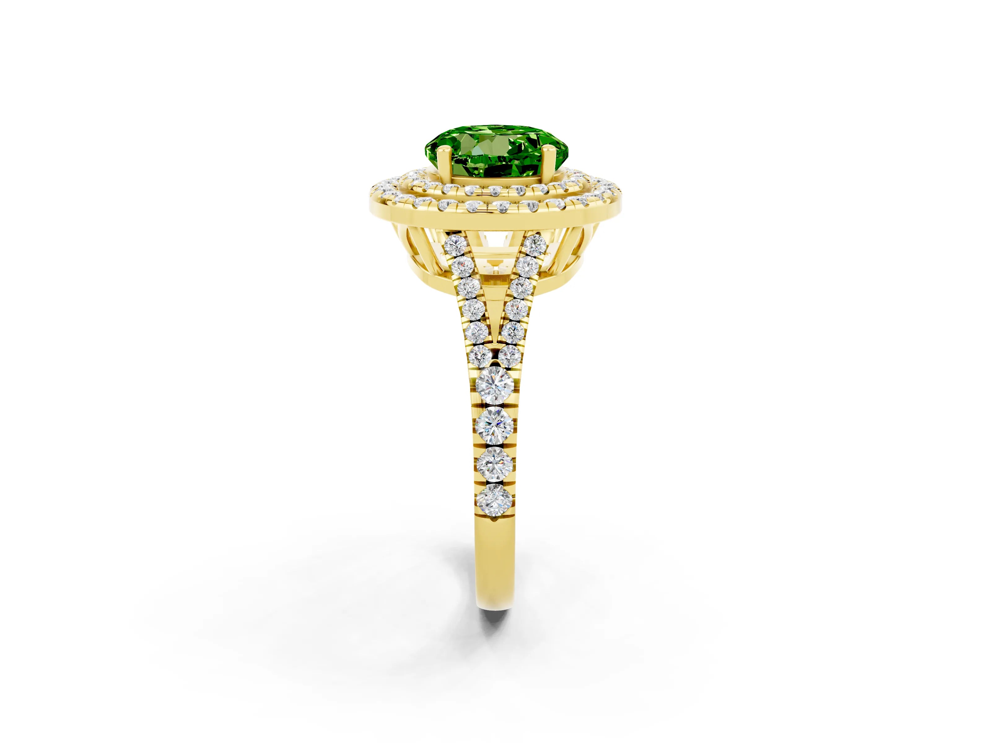 Yellow gold Round Cut Peridot Double Halo Ring with Pavé Band and Prong Setting_14
