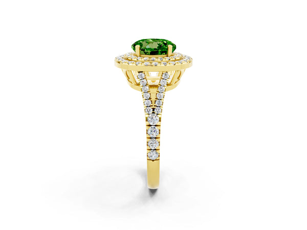 Yellow gold Round Cut Peridot Double Halo Ring with Pavé Band and Prong Setting