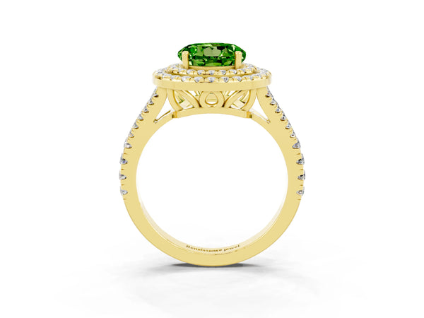 Yellow gold Round Cut Peridot Double Halo Ring with Pavé Band and Prong Setting