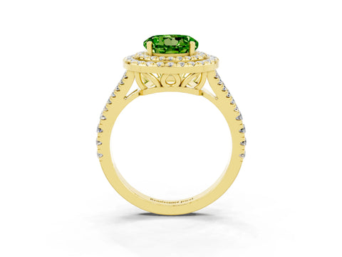 Yellow gold Round Cut Peridot Double Halo Ring with Pavé Band and Prong Setting_15