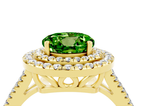 Yellow gold Round Cut Peridot Double Halo Ring with Pavé Band and Prong Setting_16