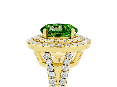 Yellow gold Round Cut Peridot Double Halo Ring with Pavé Band and Prong Setting_17