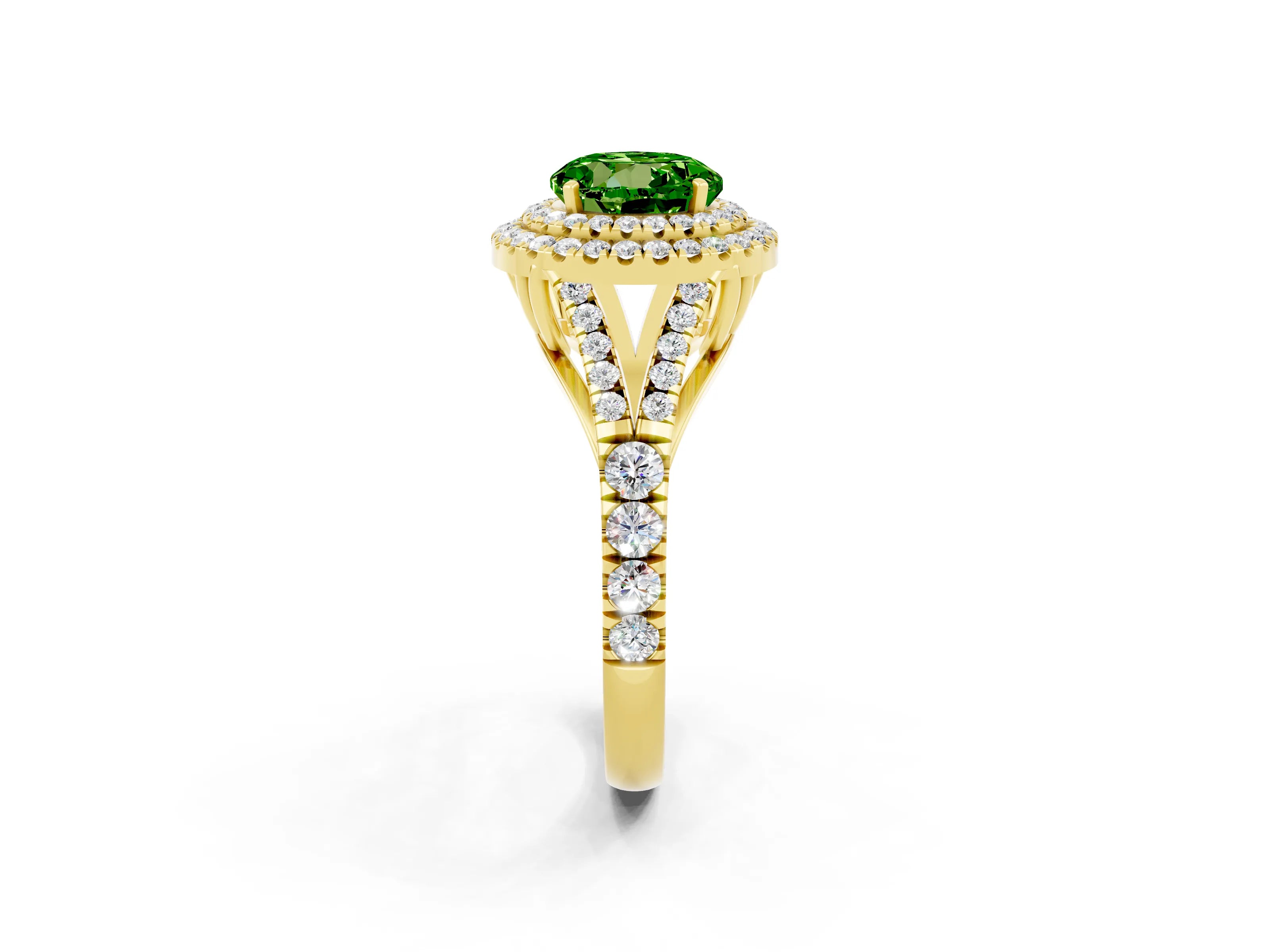 Yellow gold Round Cut Peridot Double Halo Ring with Split Shank and Prong Setting_14