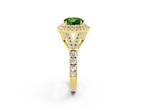 Yellow gold Round Cut Peridot Double Halo Ring with Split Shank and Prong Setting_14