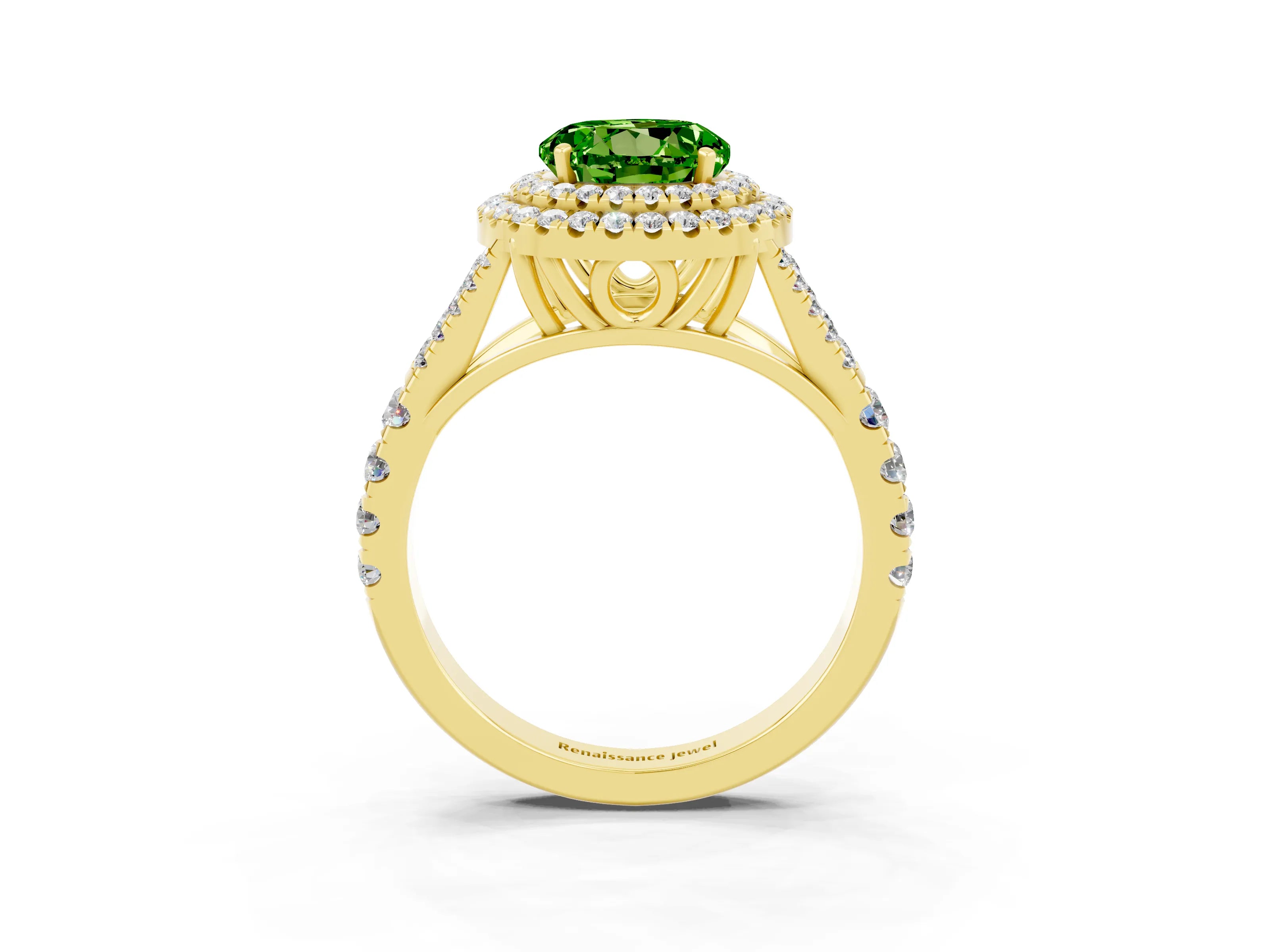 Yellow gold Round Cut Peridot Double Halo Ring with Split Shank and Prong Setting_15