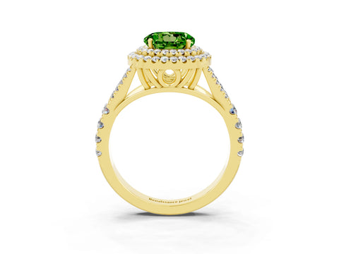 Yellow gold Round Cut Peridot Double Halo Ring with Split Shank and Prong Setting_15